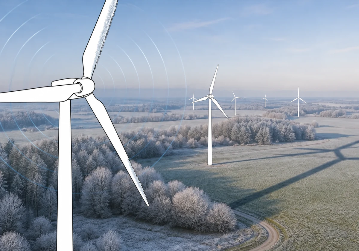 Aktuelles IDASWIND Hybridmotiv eines Windparks als Bild für Schall, Schatten und Eis